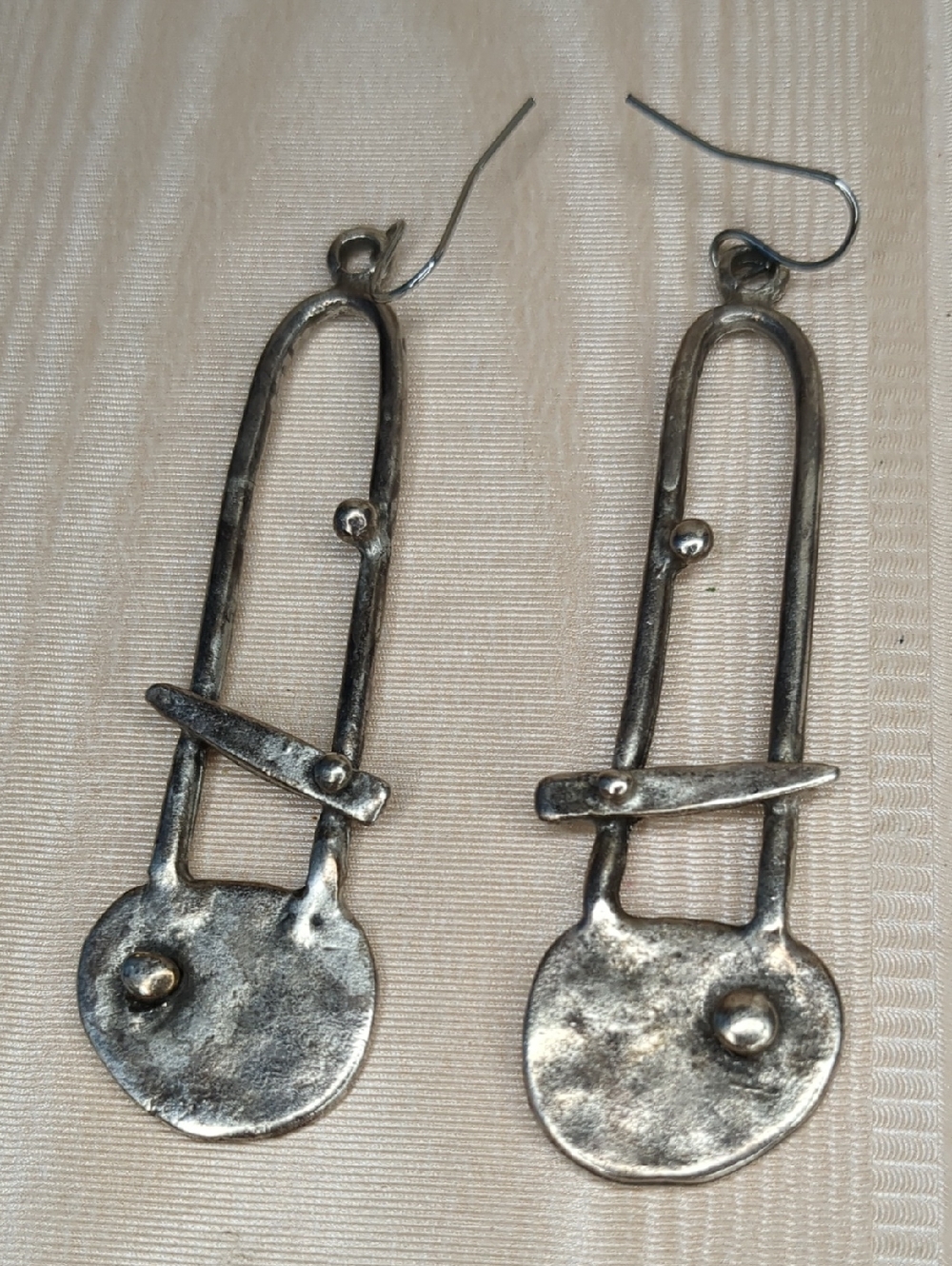 Vintage Steampunk Earrings Hammered Silver-tone Dangle Safety Pin Artistic